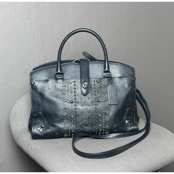 Coach Mercer 30 Bag with Bandana Rivets Black Pebbled Leather Crossbody Strap - Picture 2 of 15